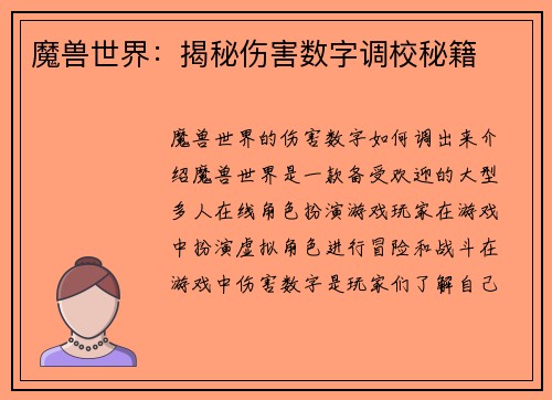 魔兽世界：揭秘伤害数字调校秘籍